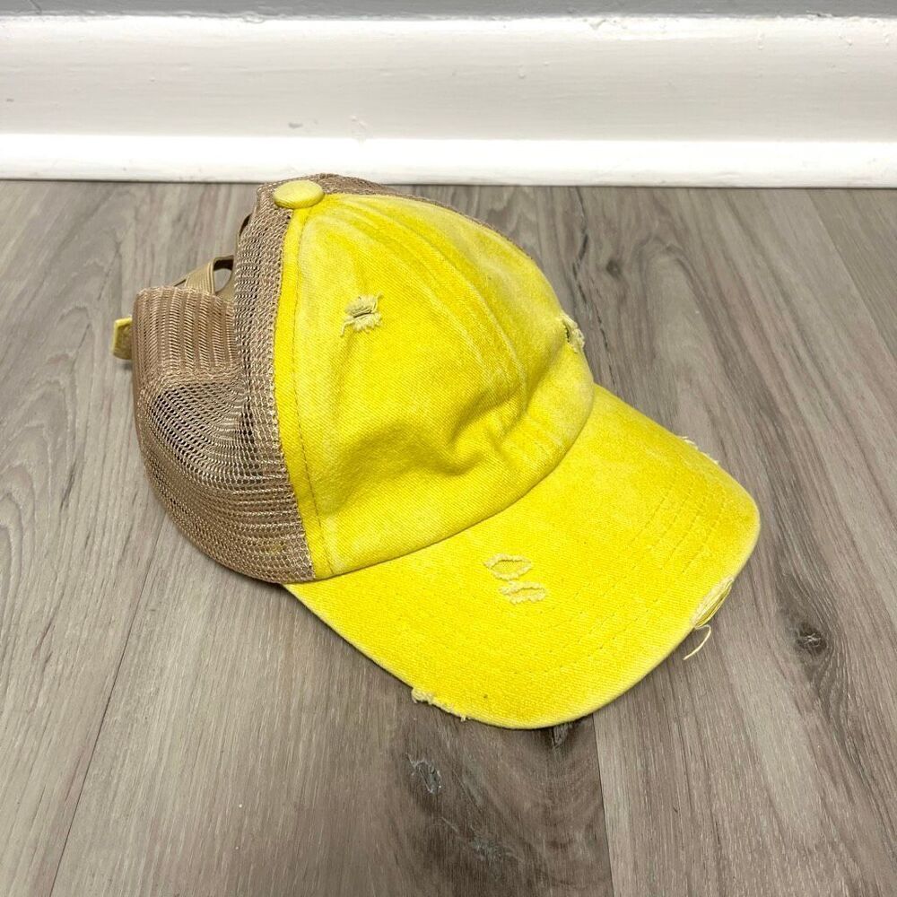 C.C Hat Girls OS Yellow and Beige Tan Mesh Back Criss Cross Pony Cap